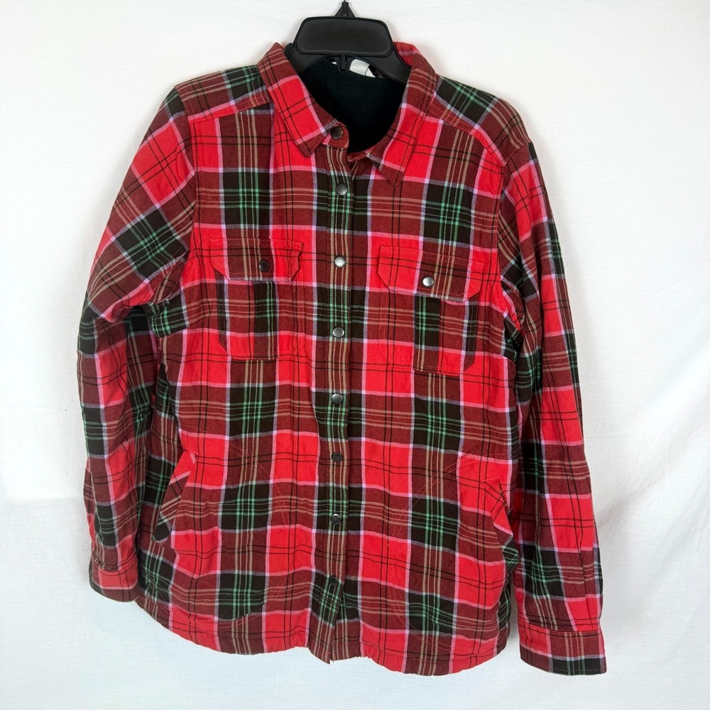 Duluth Flannel Shirt Men's Large Red Plaid Fleece Lined Flap Pocket Snap Front
